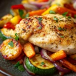 Close-up of grilled chicken breast with colorful vegetables on a white plate