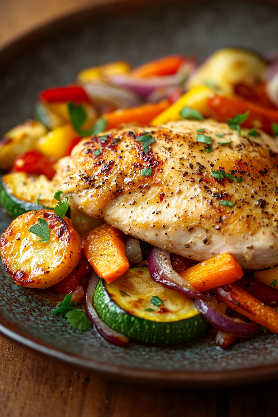 Close-up of grilled chicken breast with colorful vegetables on a white plate
