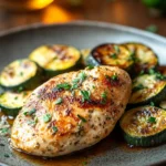 Close-up of grilled chicken breast with zucchini slices on a white plate