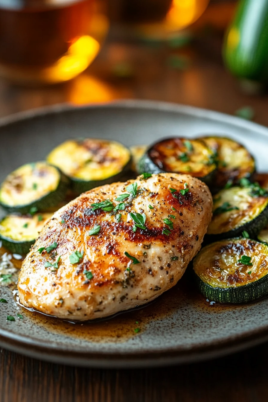 Close-up of grilled chicken breast with zucchini slices on a white plate