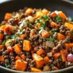 Close-up of ground beef and sweet potato dish with bright, warm lighting