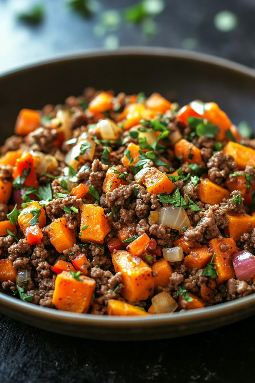Close-up of ground beef and sweet potato dish with bright, warm lighting