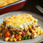 Close-up of a delicious ground beef casserole with melted cheese and herbs on top.