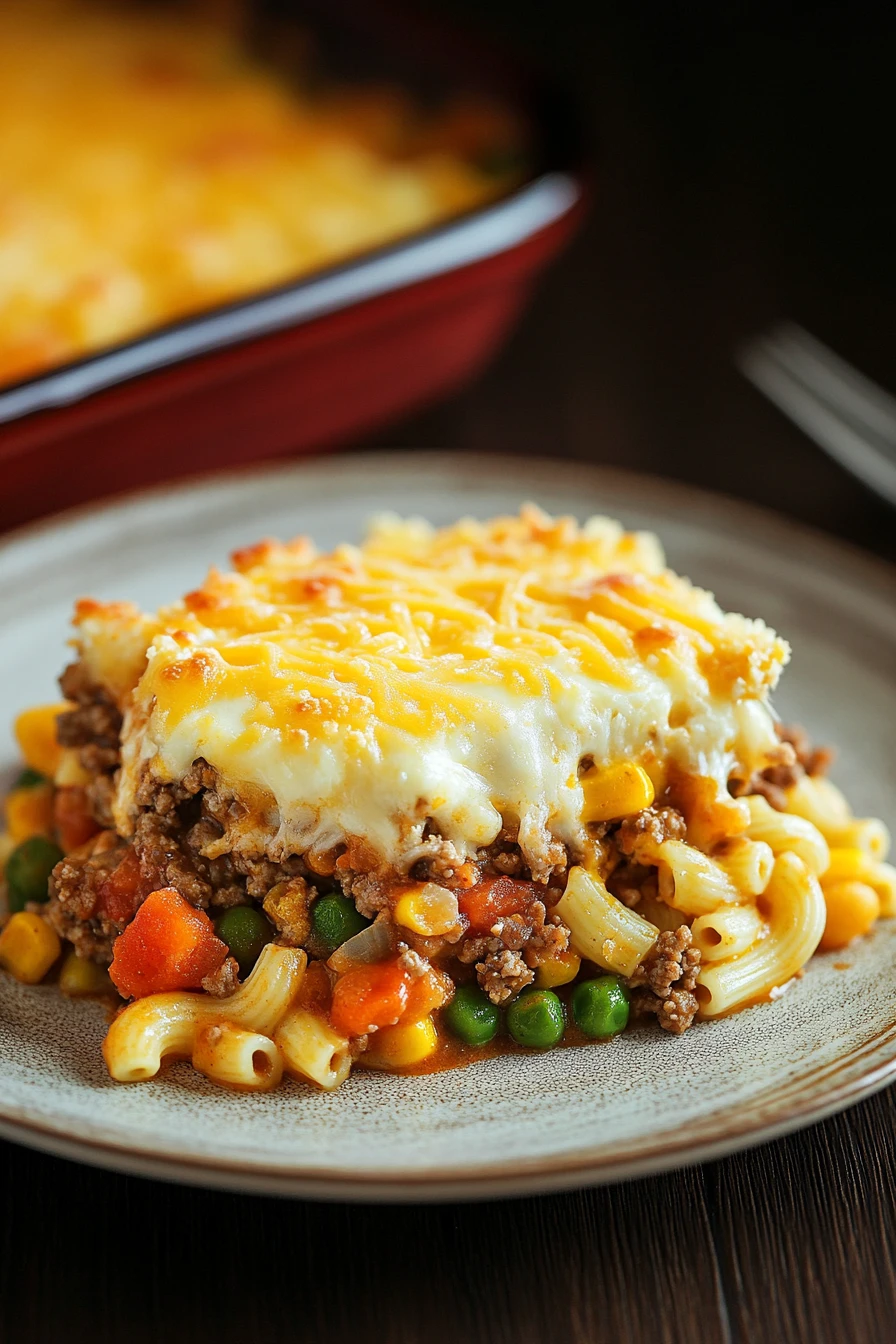 Close-up of a delicious ground beef casserole with melted cheese and herbs on top.
