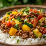 Close-up of a savory ground beef dinner with herbs and spices.
