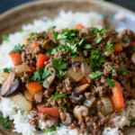 Close-up of a ground beef dinner with vegetables, no dairy visible.