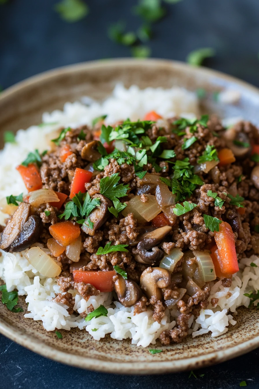 Close-up of a ground beef dinner with vegetables, no dairy visible.