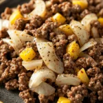 Close-up of a savory ground beef dish cooked on a stove top with vibrant colors.