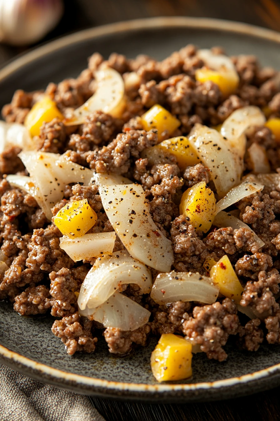 Close-up of a savory ground beef dish cooked on a stove top with vibrant colors.