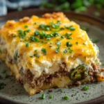 Close-up of ground beef jalapeno popper casserole with melted cheese and jalapeno slices