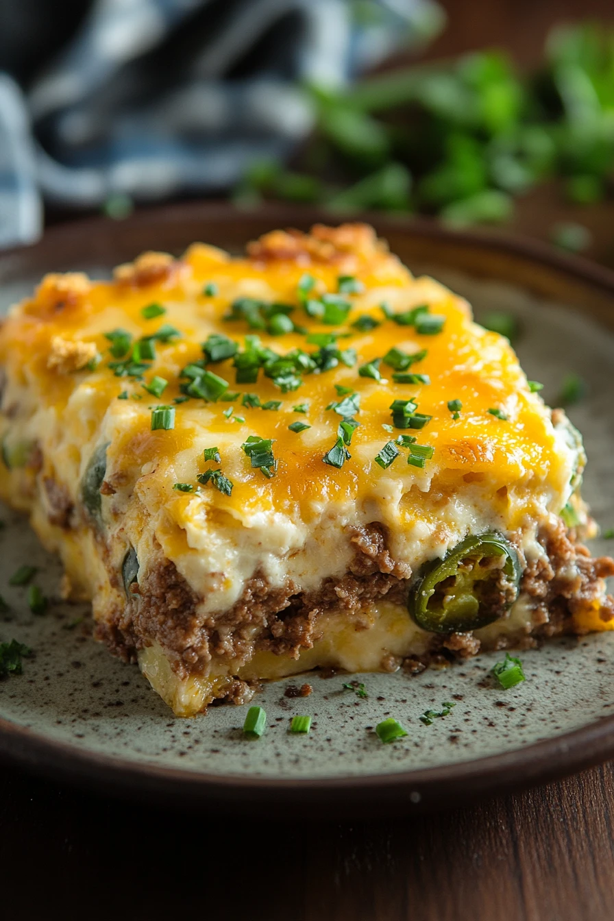 Close-up of ground beef jalapeno popper casserole with melted cheese and jalapeno slices