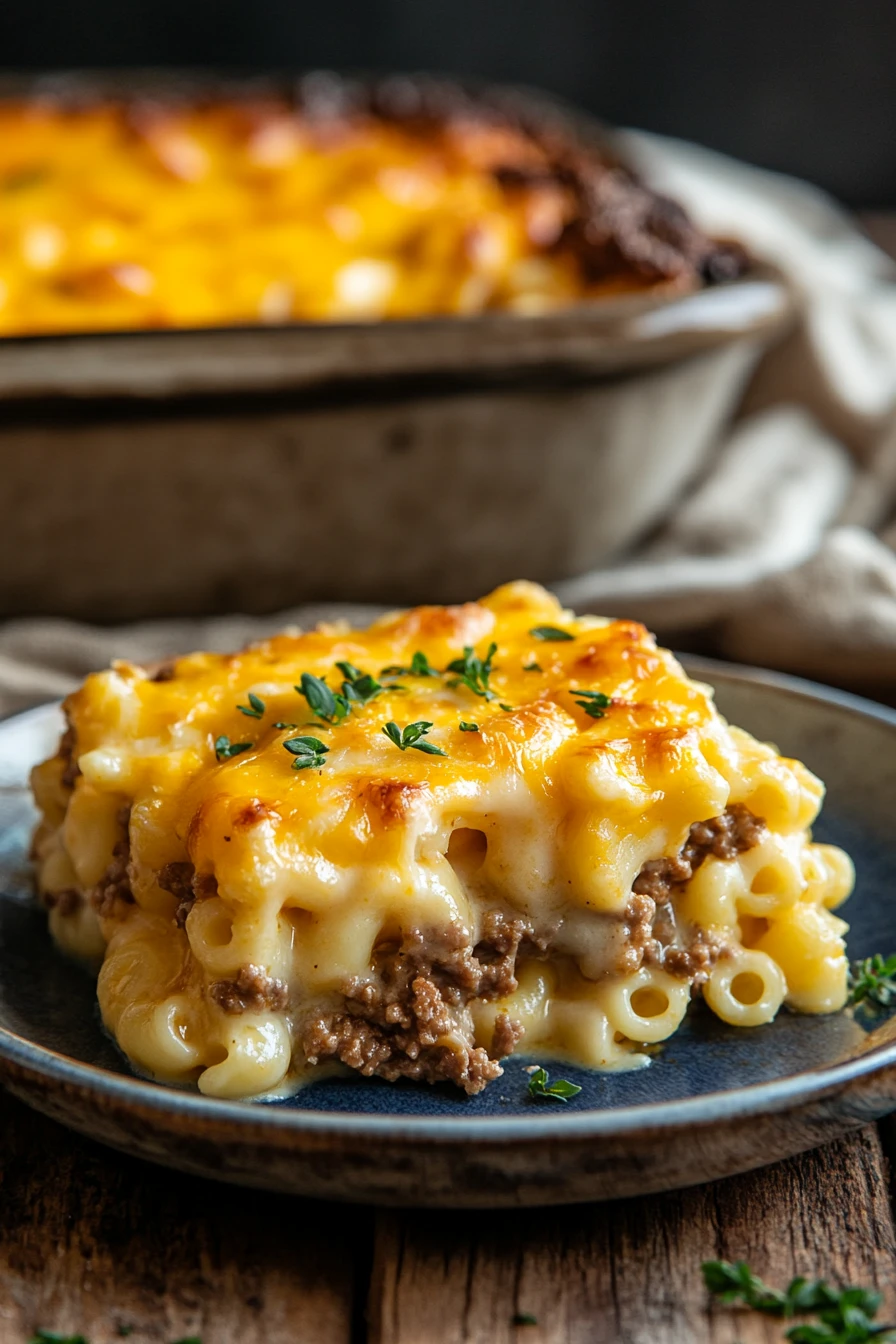 Close-up of a creamy ground beef mac and cheese casserole with melted cheese topping.