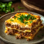 Close-up of a ground beef potato casserole with crispy edges and melted cheese on top.