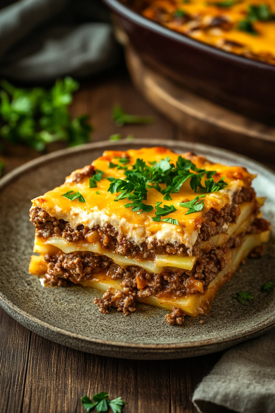 Close-up of a ground beef potato casserole with crispy edges and melted cheese on top.