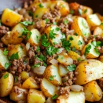Close-up of ground turkey and potato dish with bright natural lighting