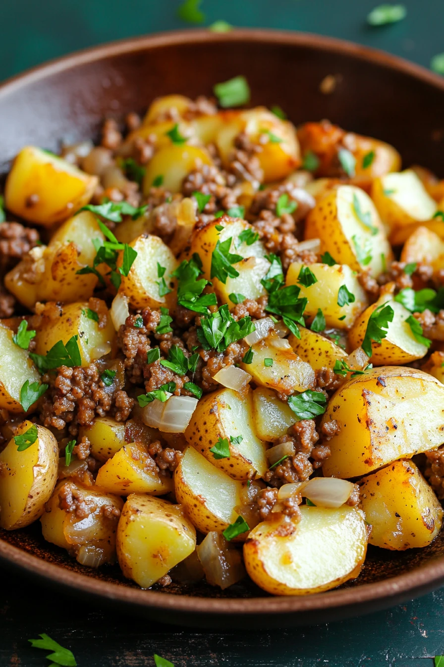 Close-up of ground turkey and potato dish with bright natural lighting