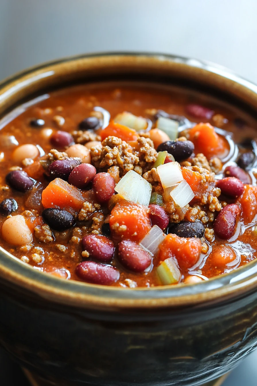 Close-up of a hearty ground beef crockpot dish with rich textures and warm lighting.