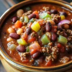 Close-up of a hearty one pot beef chili with beans and spices in a white bowl