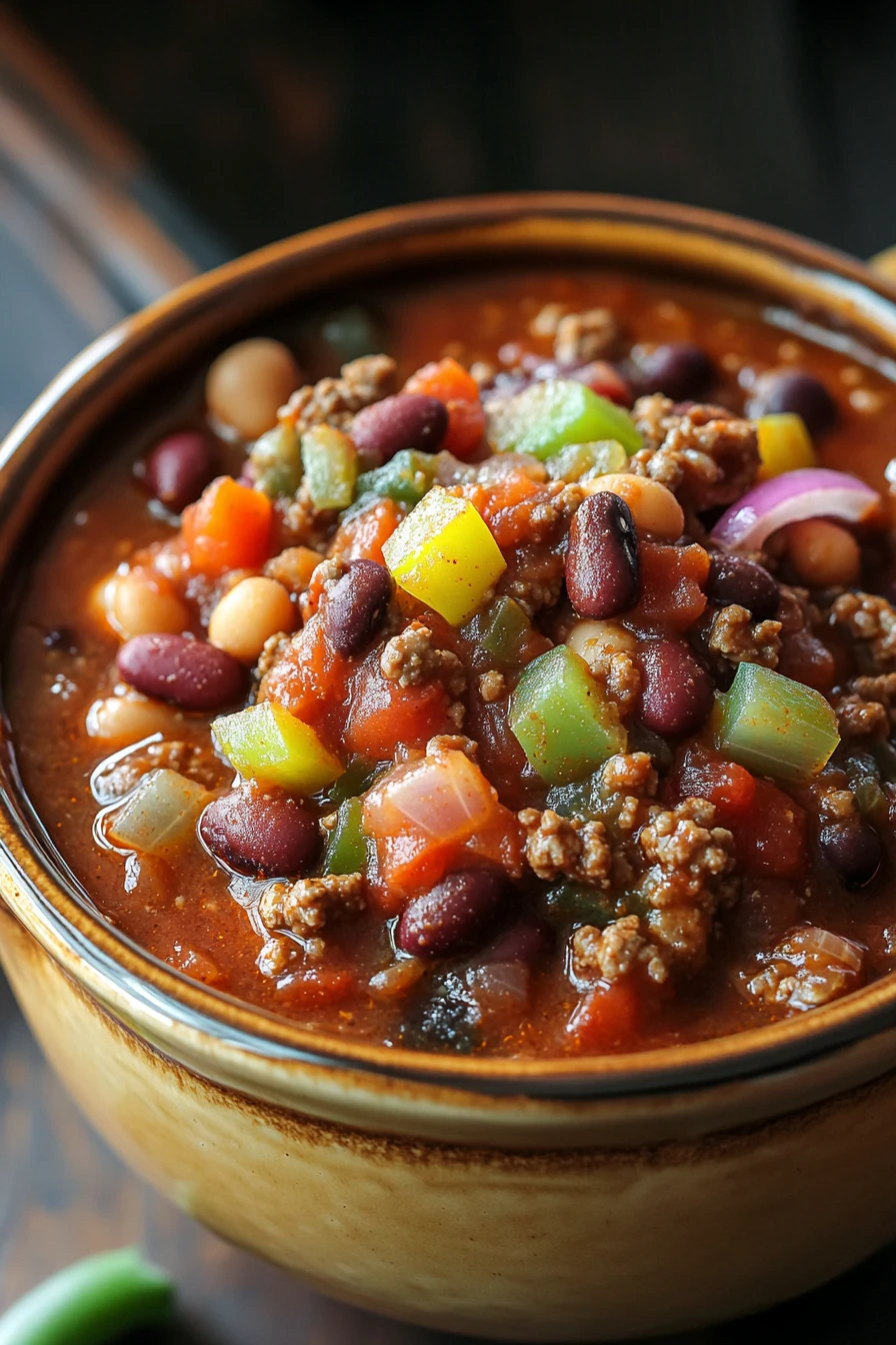 Close-up of a hearty one pot beef chili with beans and spices in a white bowl