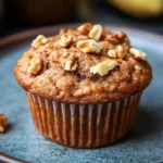 Close-up of high protein banana nut muffin with a golden brown crust and visible nuts.
