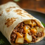 Close-up of a high protein beef and potato burrito with a clean background