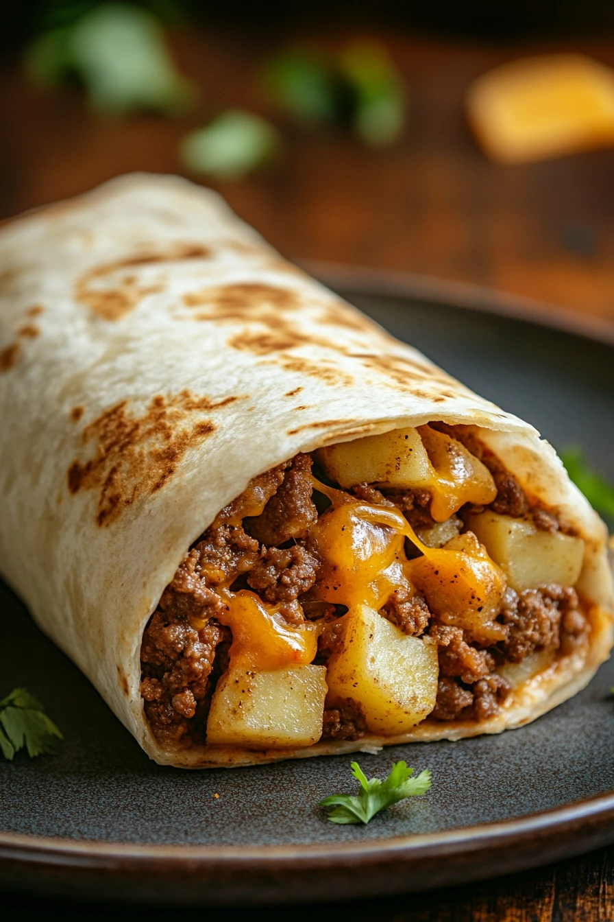 Close-up of a high protein beef and potato burrito with a clean background