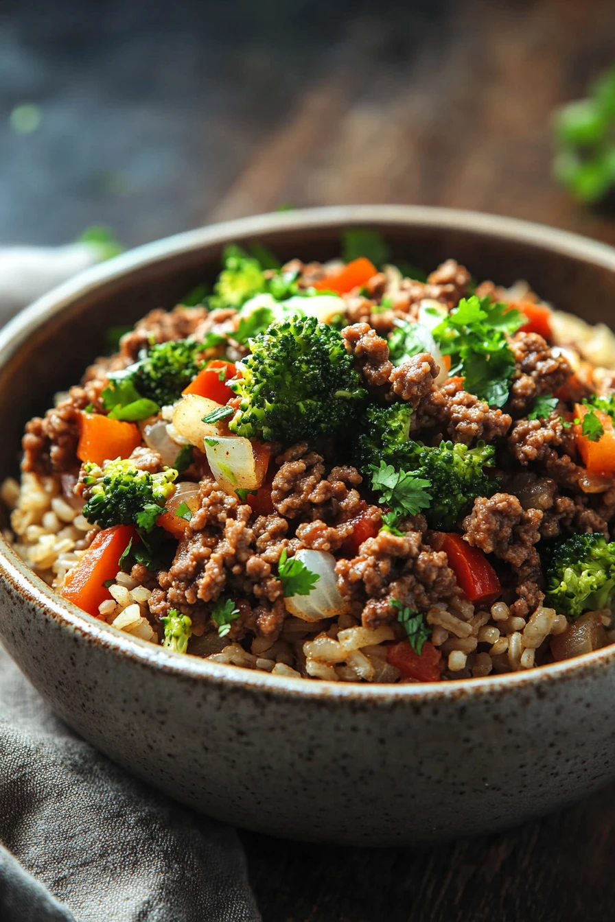 Close-up of a high protein beef and rice bowl with vibrant ingredients