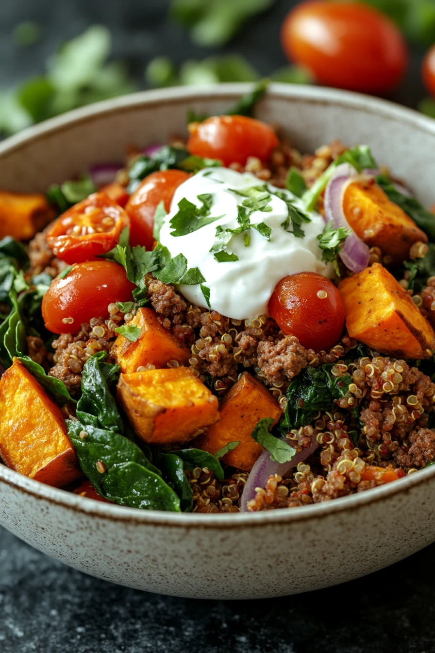 Close-up of a high protein beef and sweet potato bowl with vibrant colors and clean presentation.