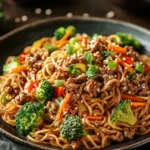 Close-up of high protein beef noodles with a clean background