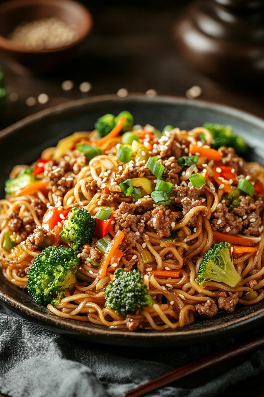 Close-up of high protein beef noodles with a clean background