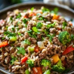 Close-up of a high protein beef rice dish with bright lighting and clean background