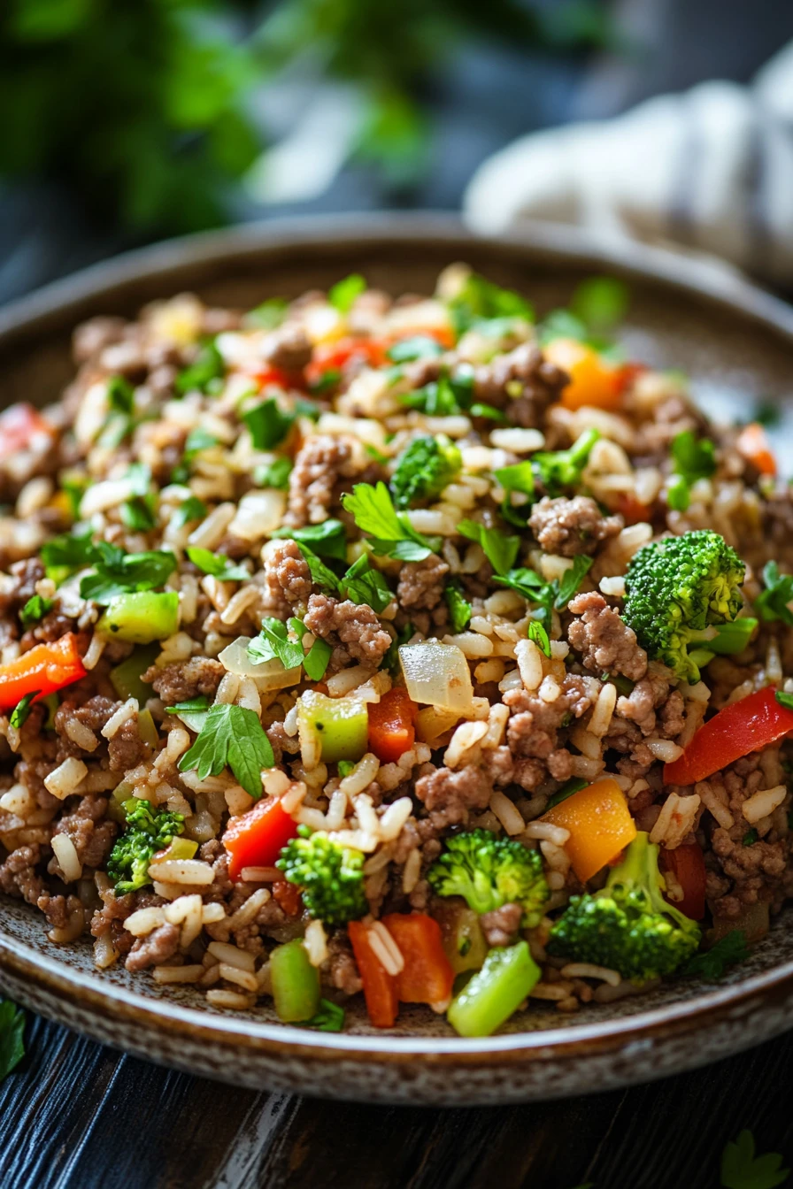 Close-up of a high protein beef rice dish with bright lighting and clean background