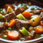 Close-up of a hearty beef stew with chunks of beef and vegetables in a crockpot
