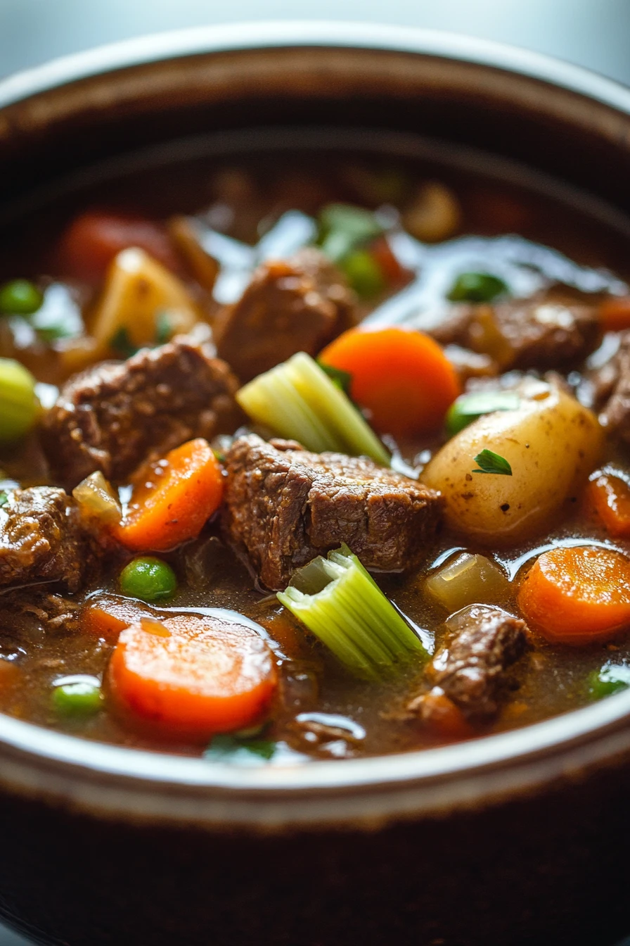 Close-up of a hearty beef stew with chunks of beef and vegetables in a crockpot