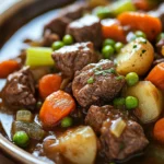 Close-up of high protein beef stew meat with vegetables in a bowl
