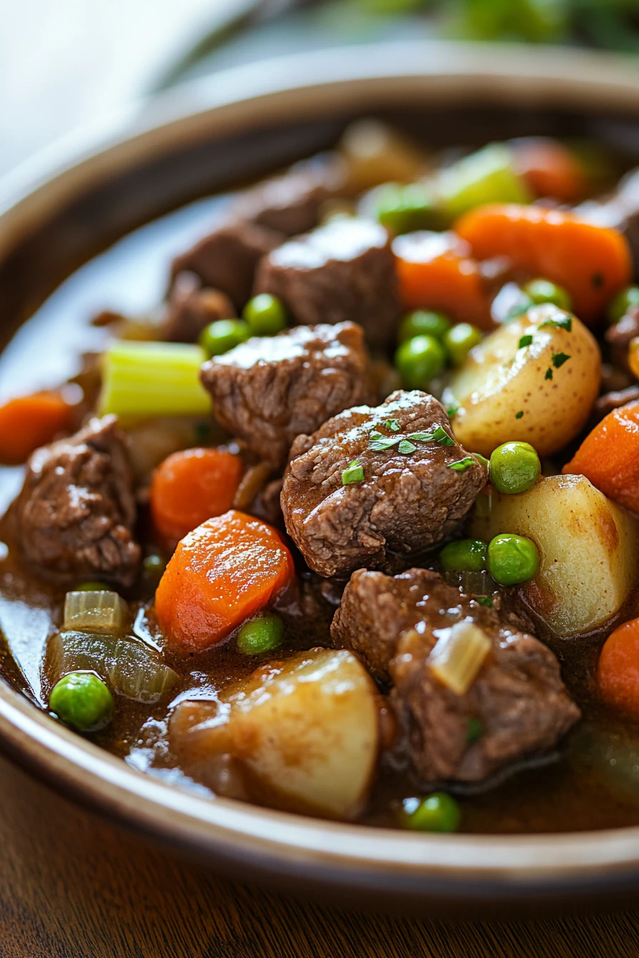 Close-up of high protein beef stew meat with vegetables in a bowl