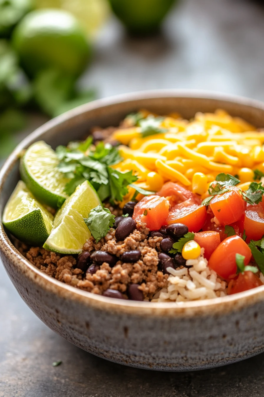 Close-up of a high protein beef taco bowl with vibrant vegetables and toppings.