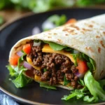 Close-up of a high protein beef wrap with fresh ingredients and a clean background