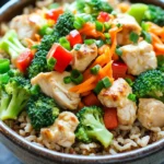 Close-up of a high protein chicken and rice bowl with fresh vegetables.