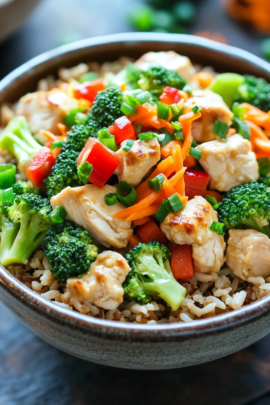 Close-up of a high protein chicken and rice bowl with fresh vegetables.