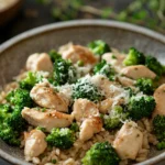 Close-up of a high protein chicken broccoli rice dish with vibrant colors and appetizing presentation.