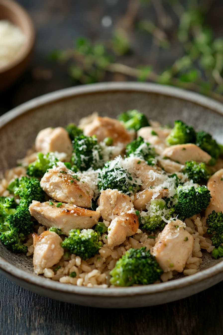 Close-up of a high protein chicken broccoli rice dish with vibrant colors and appetizing presentation.