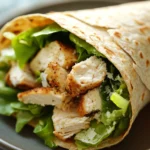 Close-up of a high protein chicken caesar wrap with fresh ingredients and creamy dressing