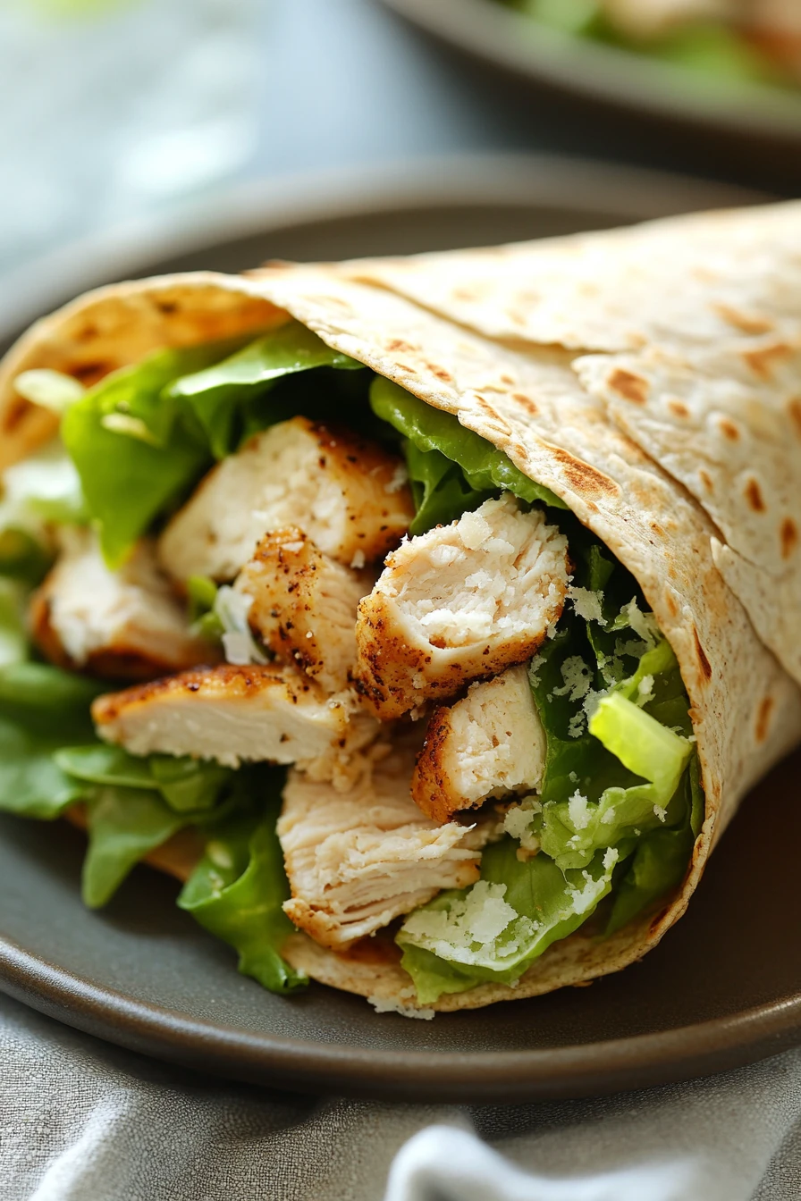 Close-up of a high protein chicken caesar wrap with fresh ingredients and creamy dressing