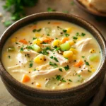 Close-up of creamy chicken corn chowder with visible corn and chicken pieces