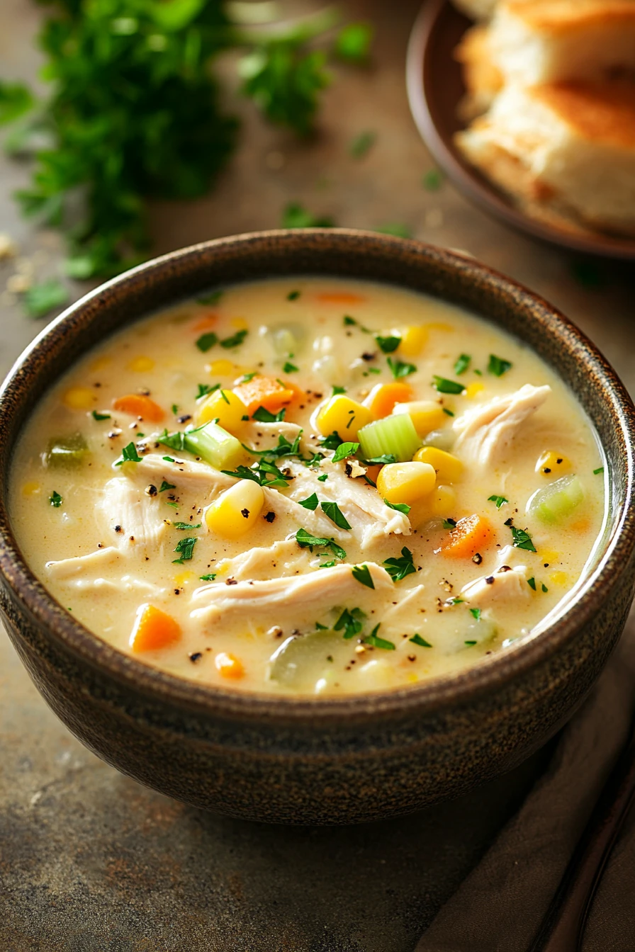 Close-up of creamy chicken corn chowder with visible corn and chicken pieces