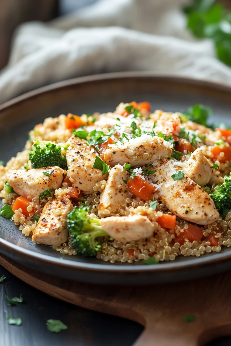 Close-up of a high protein chicken dinner cooked in an instant pot, garnished with herbs.