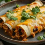 Close-up of high protein chicken enchiladas with creamy sauce and melted cheese.
