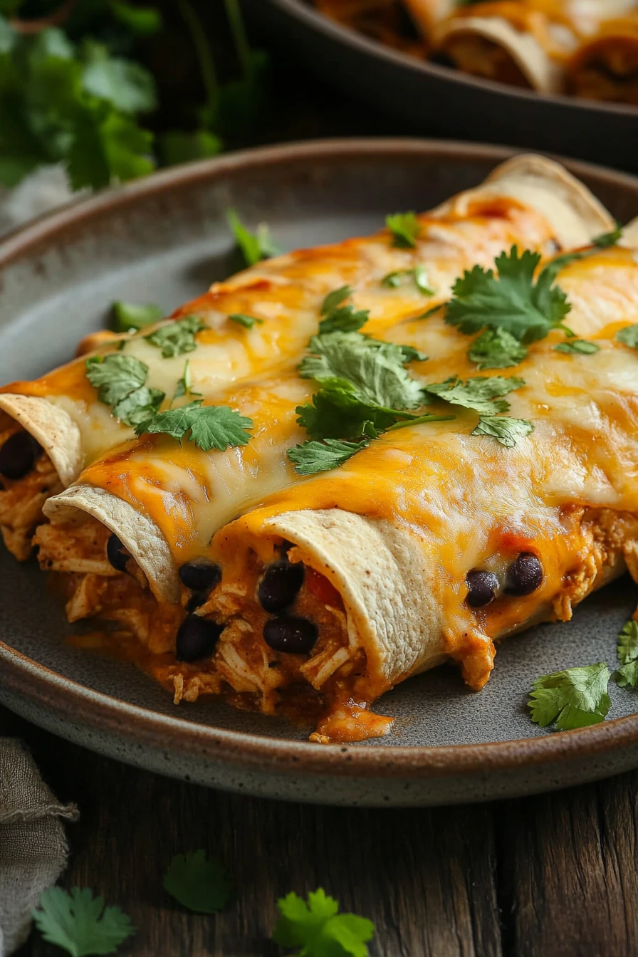 Close-up of high protein chicken enchiladas with creamy sauce and melted cheese.