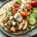 Close-up of a high protein chicken gyro with fresh ingredients and warm lighting.
